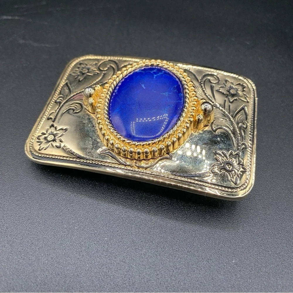 USA Made Belt Buckle Gold Plated with Lapis Lazuli and Southwest Floral Design
